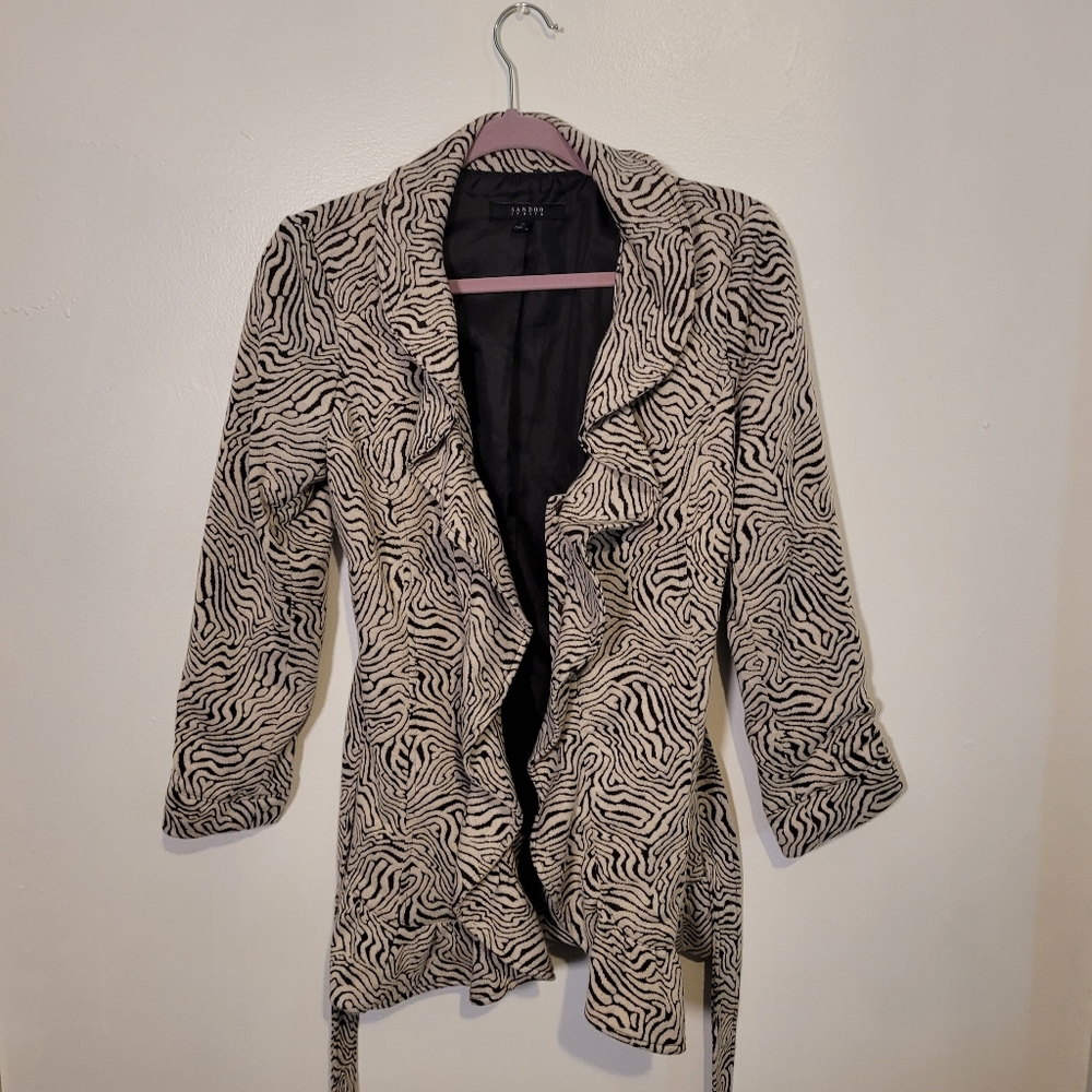 Sandro Studio Black and White Belted Ruffle Blazer Size Medium